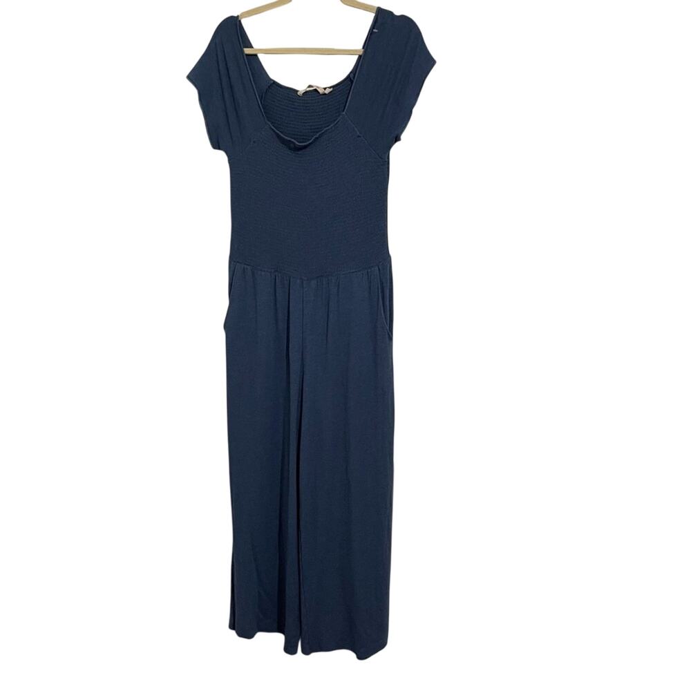 Soft Surroundings Blue Chambray Smocked Wide Leg Cropped Jumpsuit Womens M